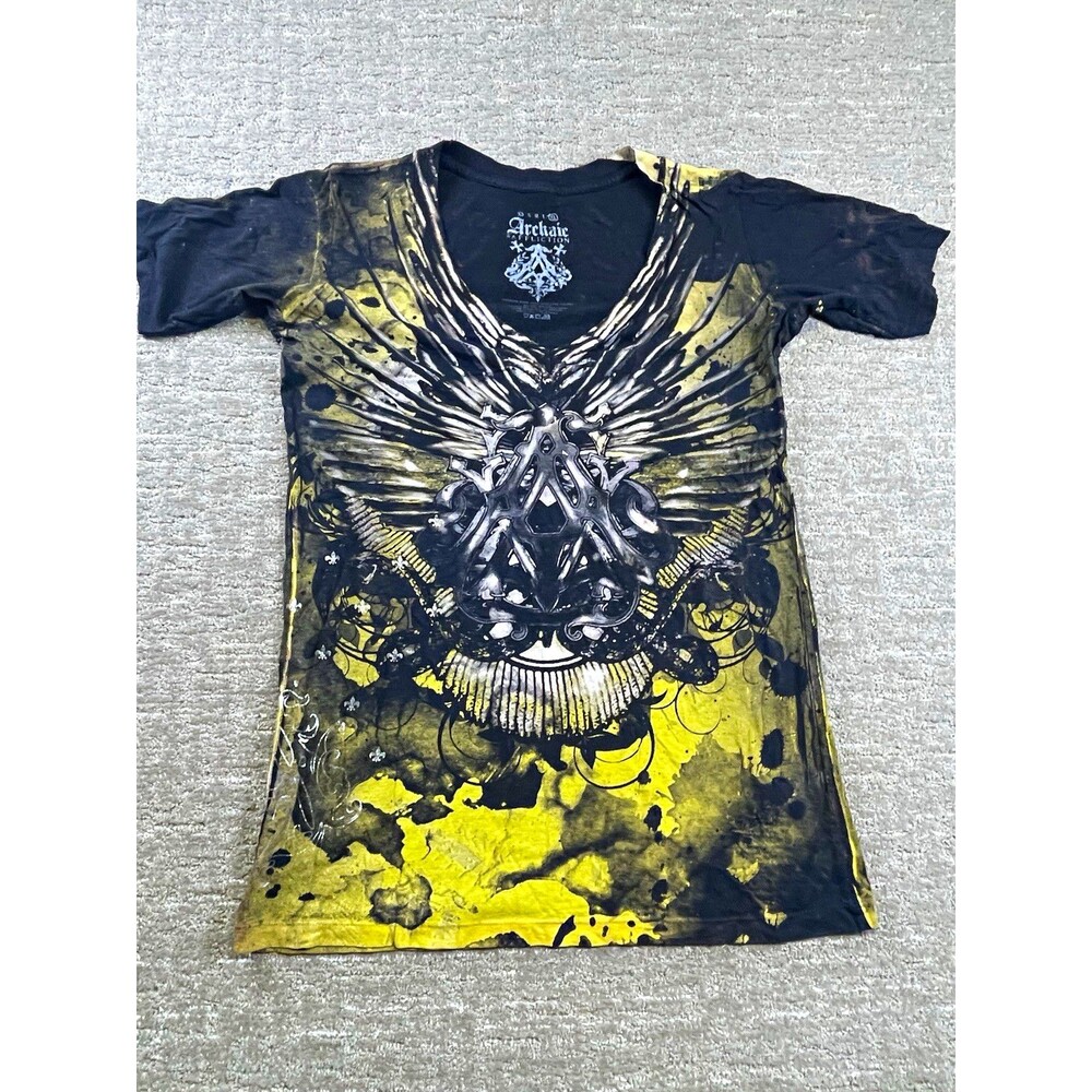 Archaic by Affliction women’s XL V-Neck Graphic Print T-Shirt Black Yellow